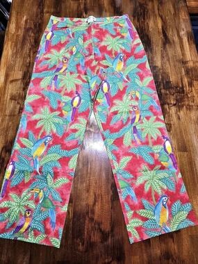 Vintage Rare Sunday Brunch Tropical Print Pants M 90s Resortwear Macaws